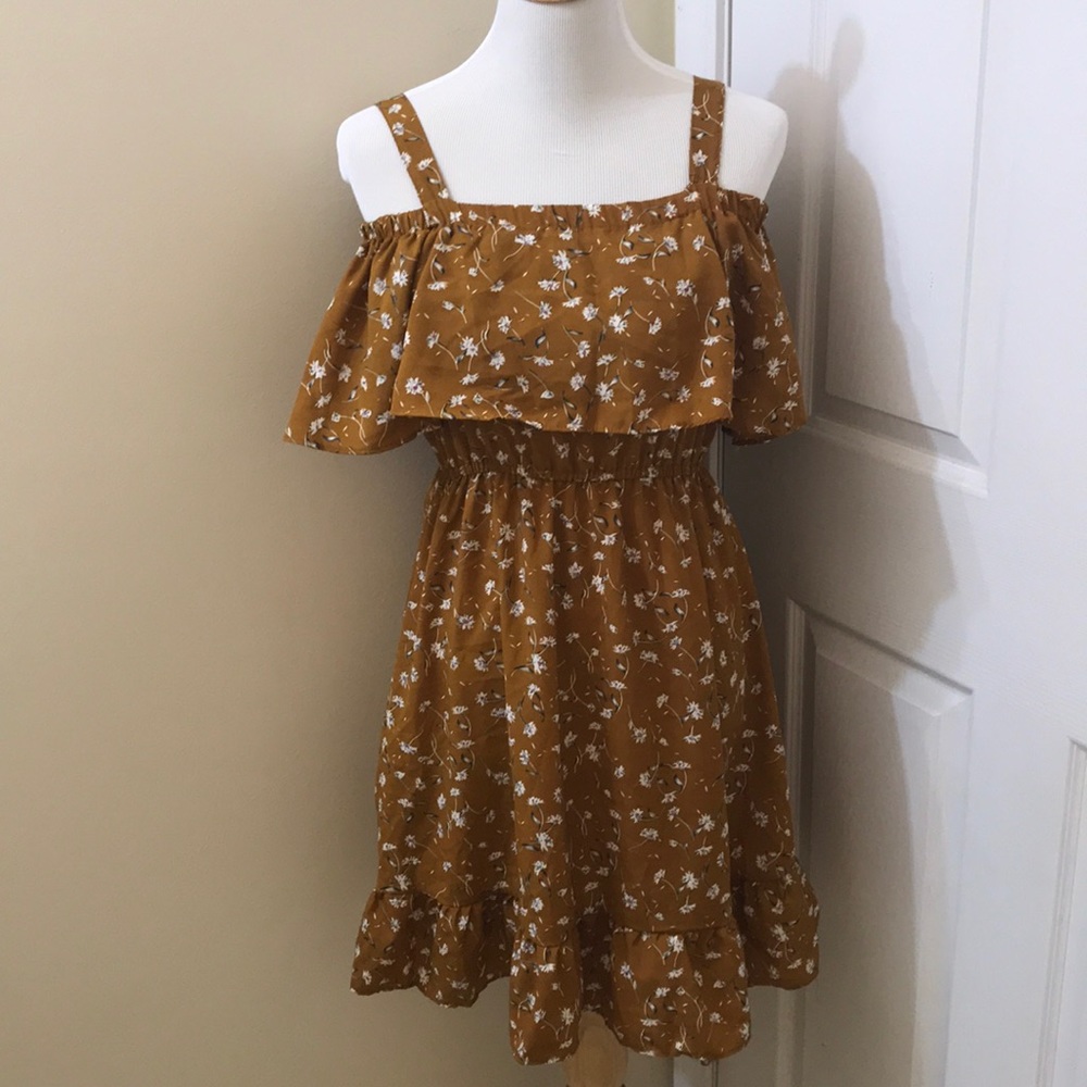 Mustard And Floral Off the Shoulder Dress | Small